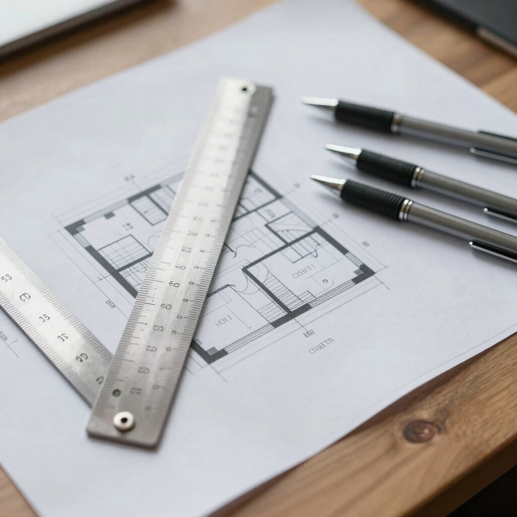 Planimetria, righello e strumenti da disegno tecnico su un tavolo da lavoro
